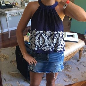 Navy halter top w white embroidery